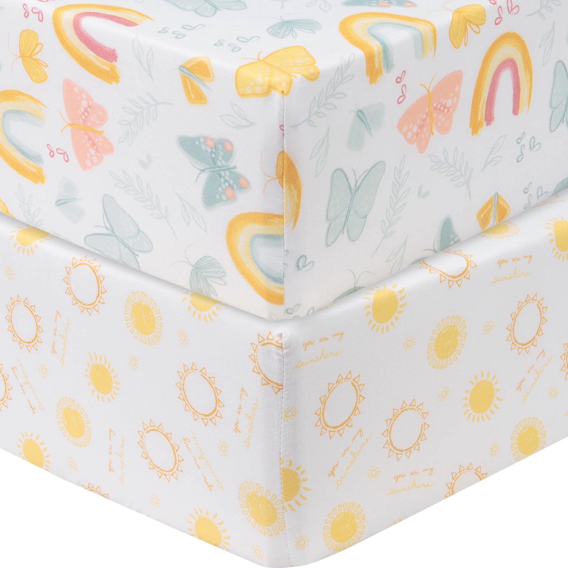Butterflies & Sunshine 2-Pack Microfiber Fitted Crib Sheet Set corner view by Sammy & Lou®