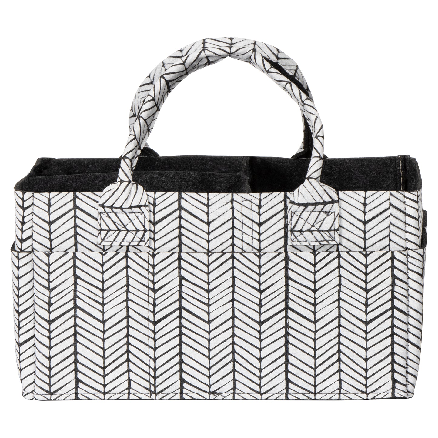 Charcoal with printed white herringbone felt storage caddy front view
