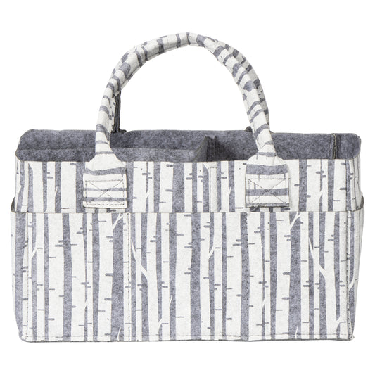 White printed birch pattern on gray felt storage caddy front view by Sammy and Lou