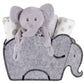 Elephant 5 Piece Gift set. Includes a gray felt storage or wipes caddy with black stitched lining. A  sweet gray elephant security blanket and three gender neutral swaddles - white with gray polka dots, gray and  herringbone, gray safari animals on a white base